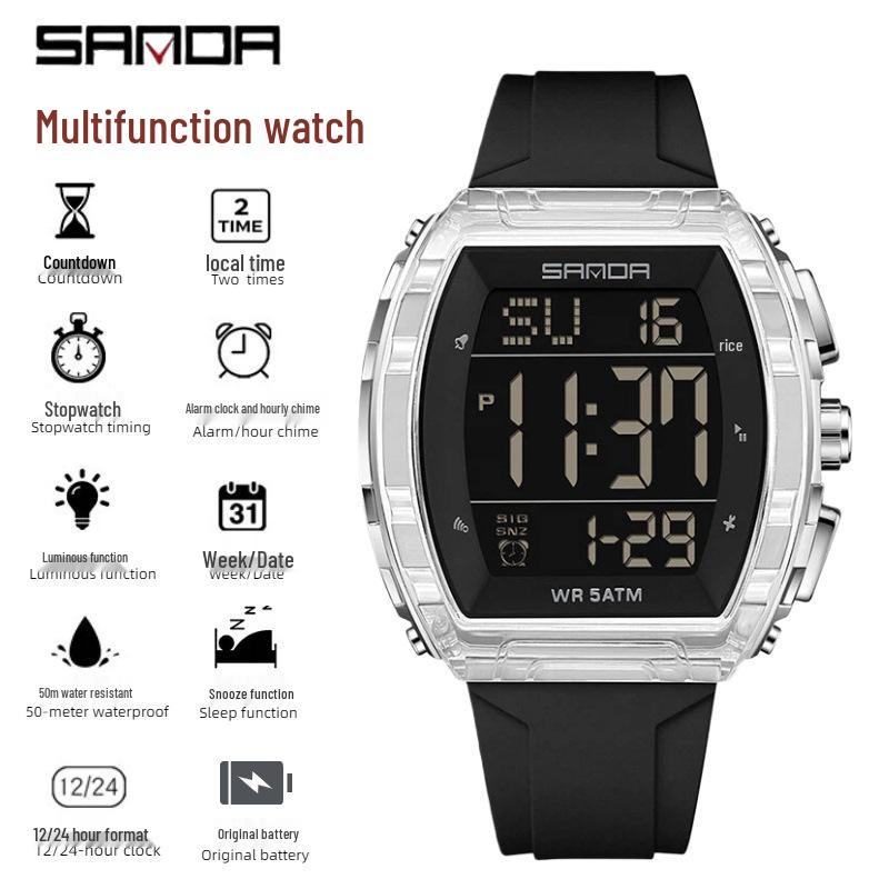 SANDA Men's Multifunctional Dual Time Waterproof Sport Watch - Fashion Tonneau Shape with Snooze Feature