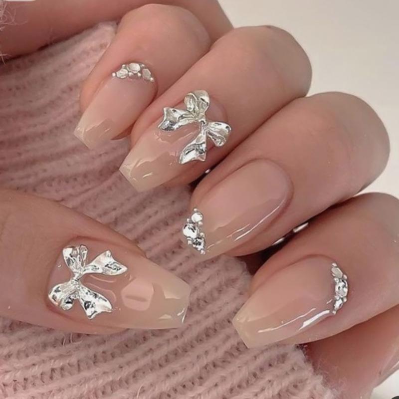 Trendy Bowknot Press-On Nails: Short Trapezoid Fake Nails with Pure Desire Aesthetic