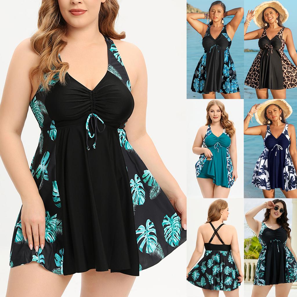 Plus Size Women’s Printed Swim Dress Modest Bathing Suit Backless Swimwear Two-Piece Swimsuit