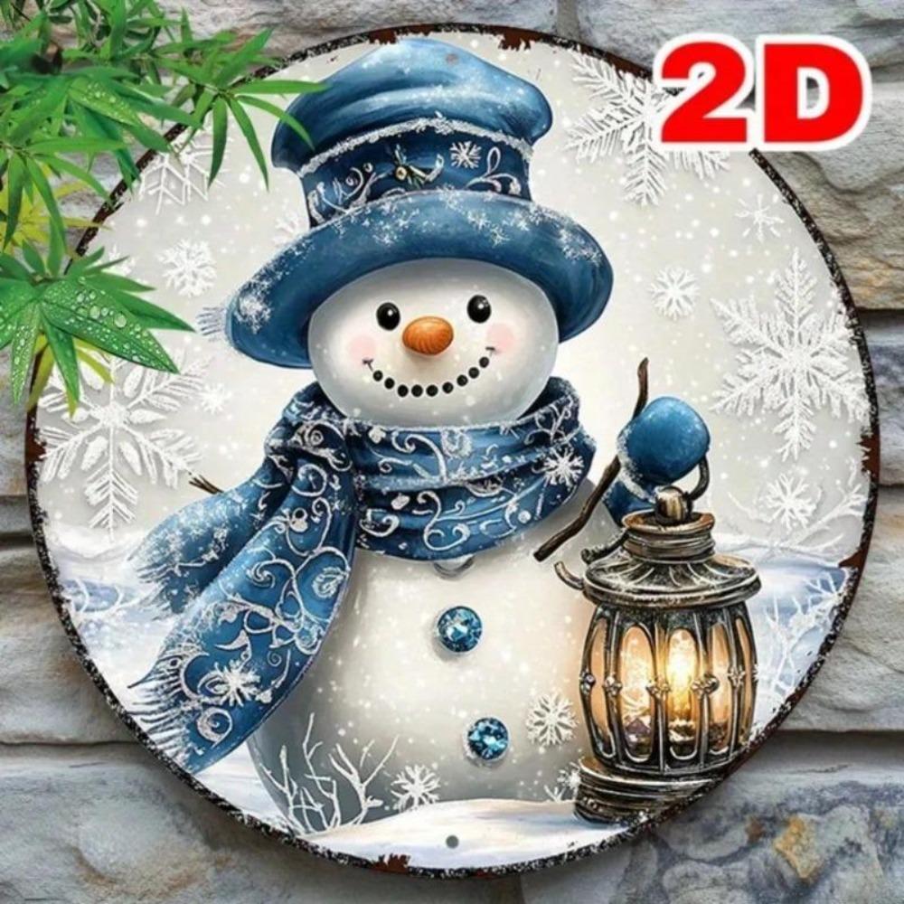 Metal Sign Christmas Snowman Wreath Blue White Festive Home Decor Gift