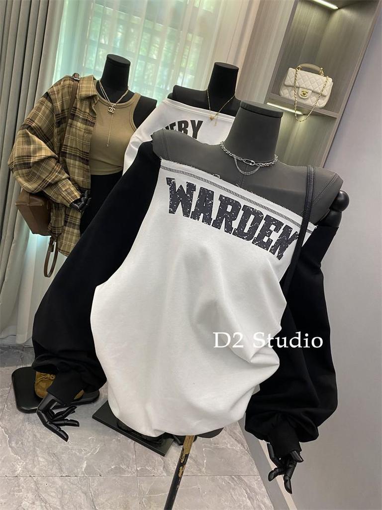 Korejská barevně blokovaná mikina s dlouhým rukávem na zavazování se syrovým okrajem pro ženy