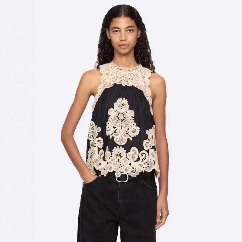 French Style Women s Spring/Summer Lace Patchwork Sleeveless Loose Casual Top S (34)