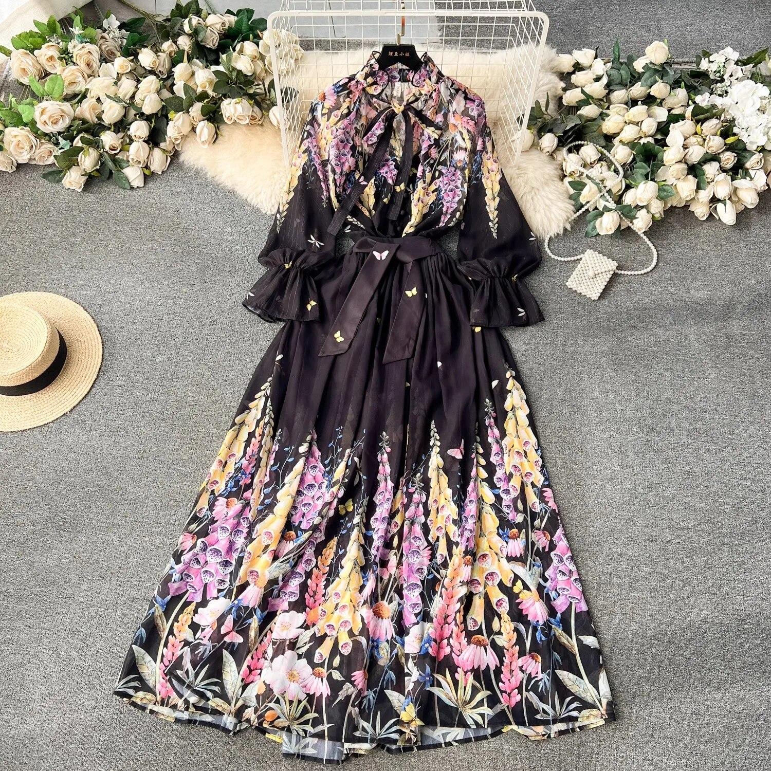 

Весна-лето с цветочным принтом, шифоновый праздничный пляжный комплект из двух предметов, женская рубашка с воротником-бабочкой и расклешенными рукавами, топ + пояс на шнуровке, костюм с макси-юбкой L чёрный