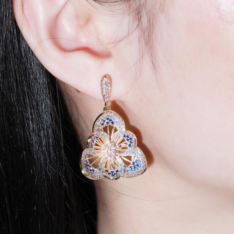 CMM Gorgeous Gold Color Zirconia Flower Hollow Carved Drop Earrings