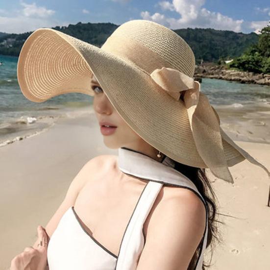 Women Straw Hat Wide Brim Breathable Lightweight Sun Protection Hat with Lace-up Bowknot Decor Sun Hat