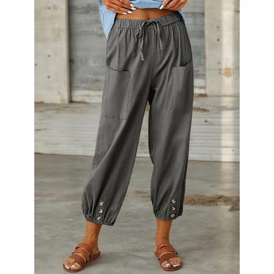 Women Cotton Linen Pants 2025 Autumn Solid Color Elastic Waist Loose Straight Trousers Female High Waist Wide Leg Pants