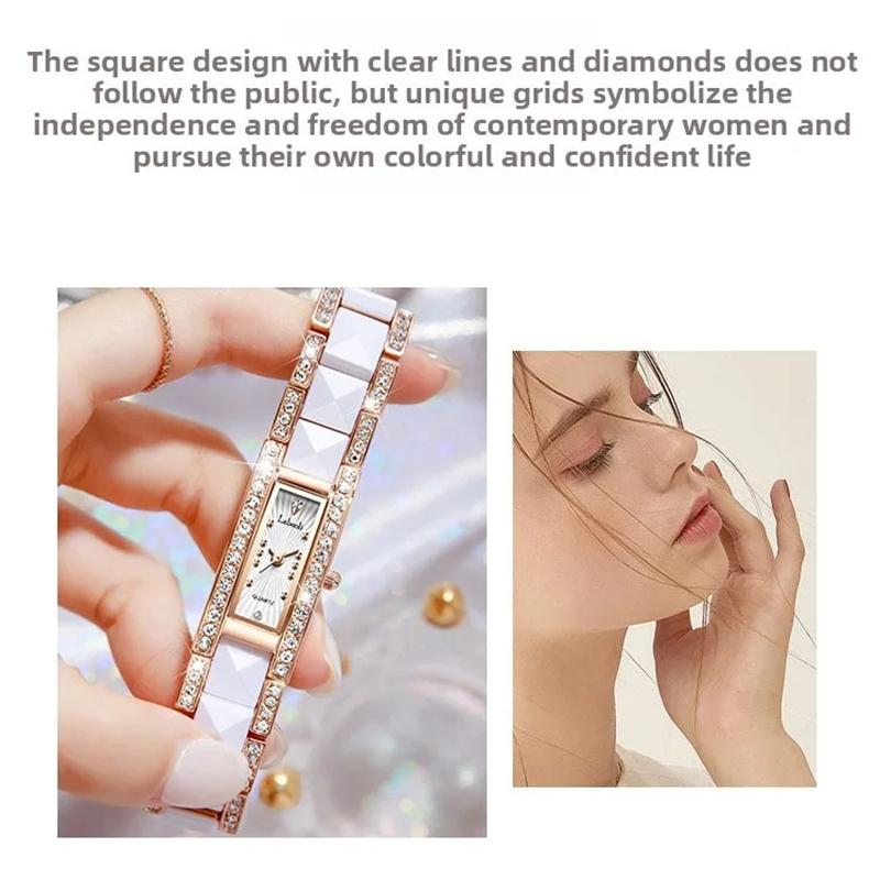 Womens Luxury Diamond Watch Rectangle Quartz Wristwatch with Ceramic Band Waterproof Elegant Dress Watches