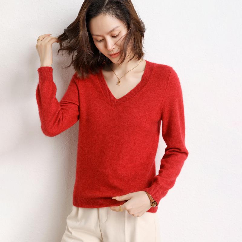Cashmere Women's 100-Stitch Knit V-Neck Pullover Sweater for Autumn/Winter