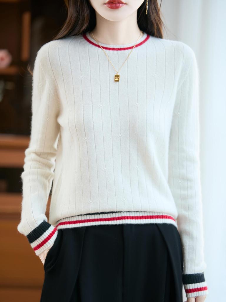 2025 Autumn Women's Pure Wool Color Block Round Neck Long Sleeve Pullover Sweater - Versatile & Fashionable