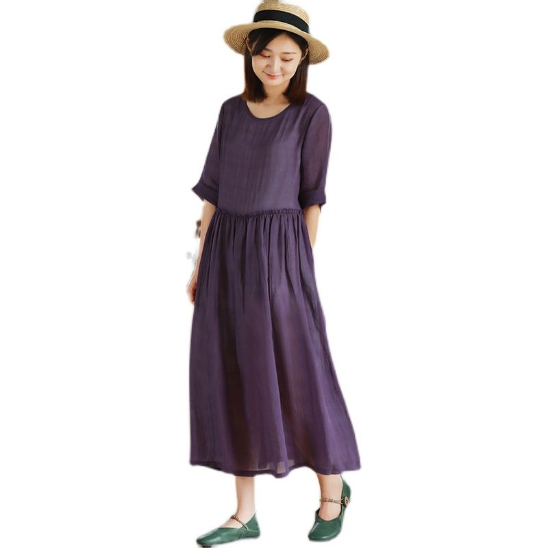 Summer Casual Dress High-Waist Slimming Literary Loose Round Neck Solid Color Long Skirt