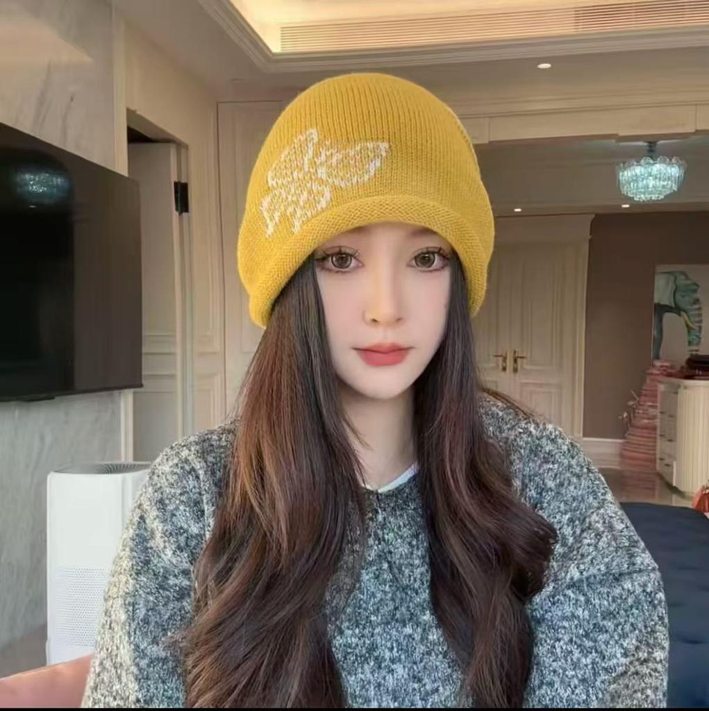 2025 new crimping drawstring stacking hat showing a small face knitted autumn and winter warm ear protection hat women's cold hat Baotou hat