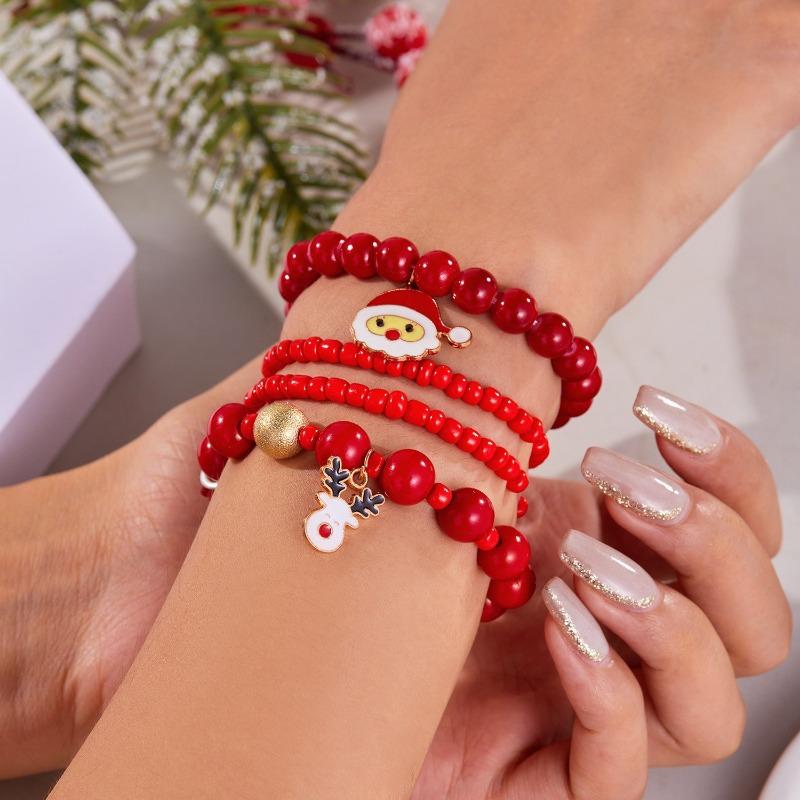 Christmas Day Color Acrylic Diamond Snowflake Bell Elastic Beaded Bracelet Christmas Set
