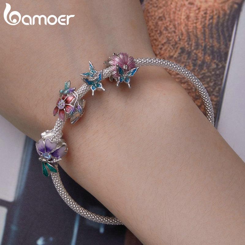 BAMOER 925 argint sterling flori și păsări mărgele fluture brelocuri pentru femei Brățară și brățară originale Proces de email bijuterii fine