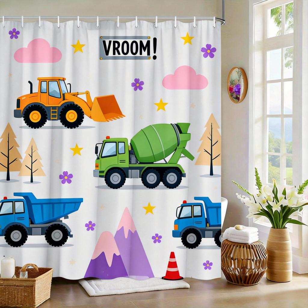 Construction Truck Shower Curtain Yellow Excavator, Dump Truck & Bulldozer On White, Kids' Bathroom Decor For Boys And Toddlers