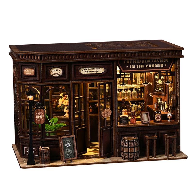 DIY Corner Tavern House Wooden Miniature Model Kit 3D Puzzle with Light Furniture Doll Houses Cottage for Friends Birthday Gifts