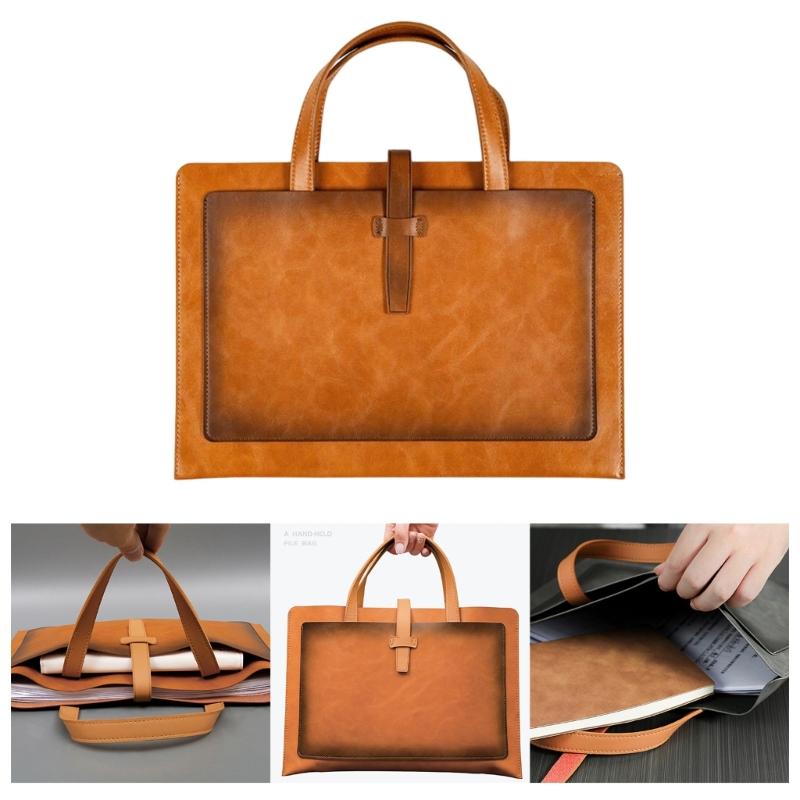 Handheld File Folder Leather Folder Document Storage Bag Leather Laptop Sleeve Leather Buckle Lock for Office Travel
