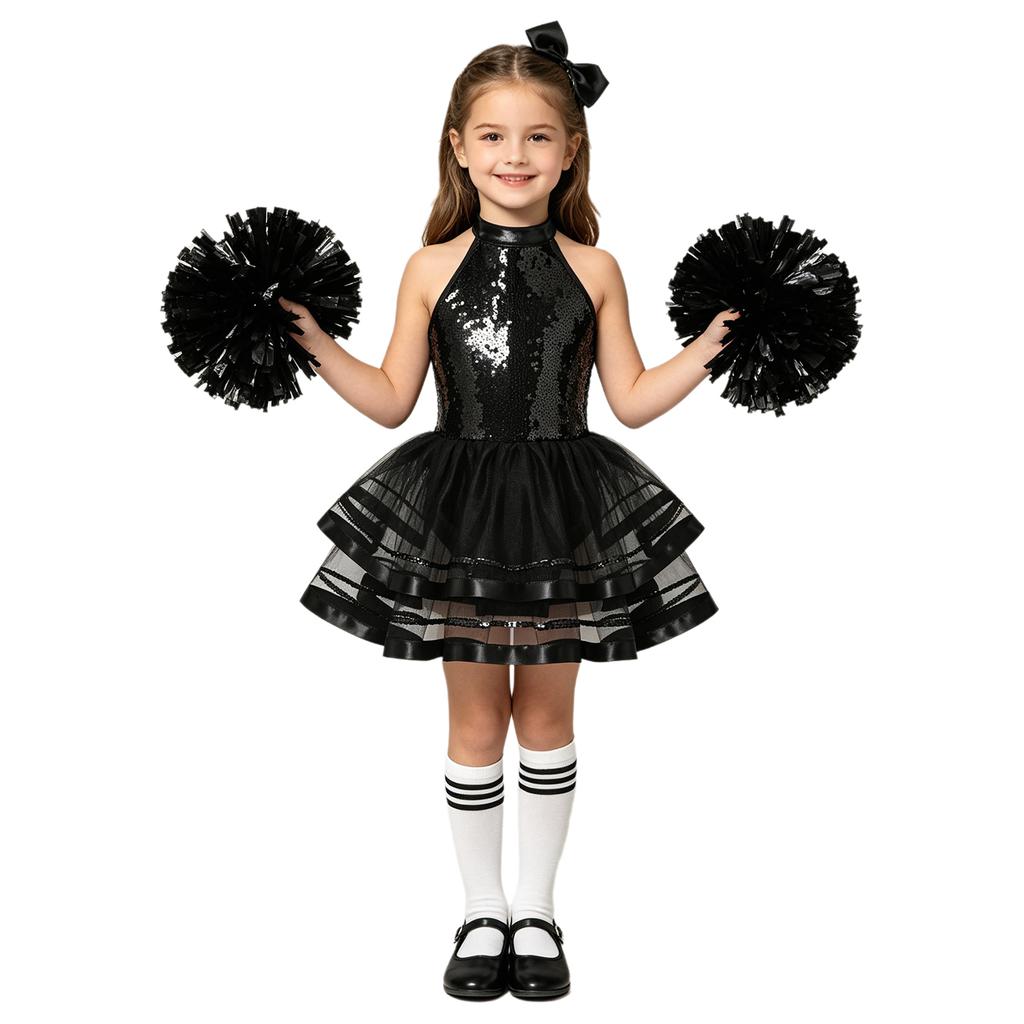 Girls Cheerleading Outfit Sleeveless Halter Sparkling Sequins Backless Tulle Tutu Dress Flower Balls Headwear Socks Set
