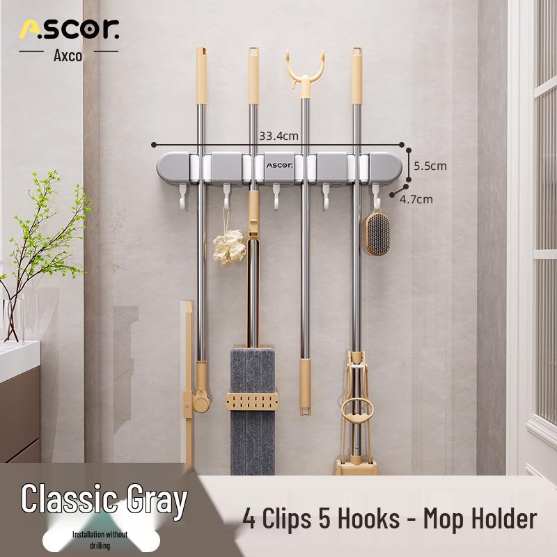 Wieszak ścienny na miotłę i mop: Rozwiązanie do zawieszania bez wiercenia na drzwiach łazienkowych lub toaletowych.