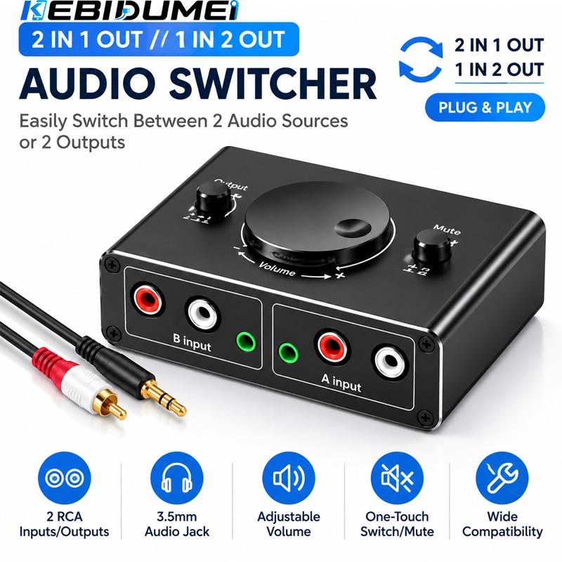 2 Way 3.5mm RCA Stereo Audio Switcher 2 in 1 Out/1 in 2 Out RCA Stereo Audio Switch with Mute Button Bi-Directional Audio Splitter