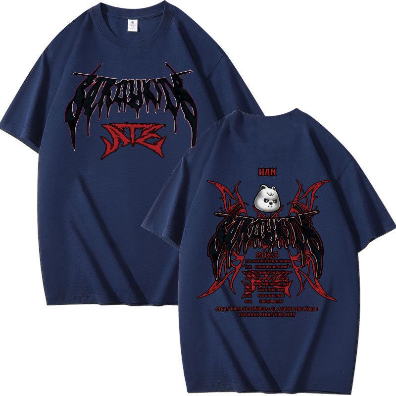 Stray Kids ATE Dark Metal HAN SKZOO Tour T‑Shirt, Front Stray Kids Gothic Logo Character with 2025 World Tour City List, Oversized K‑Pop Fan Tee