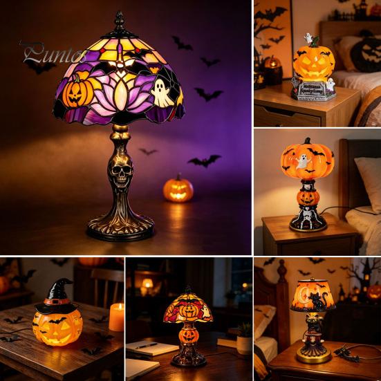 Non Dazzling Bedroom Lamp Halloween Vintage Table Lamp, Retro Resin Pumpkin Skeleton Black Cat Decorative Figurine Night Light, Gothic Bedside