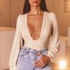 Dame Jumpsuiter Langermet V-hals Plissert Løse Bodysuits Topper For Damer Leotard Skjorter