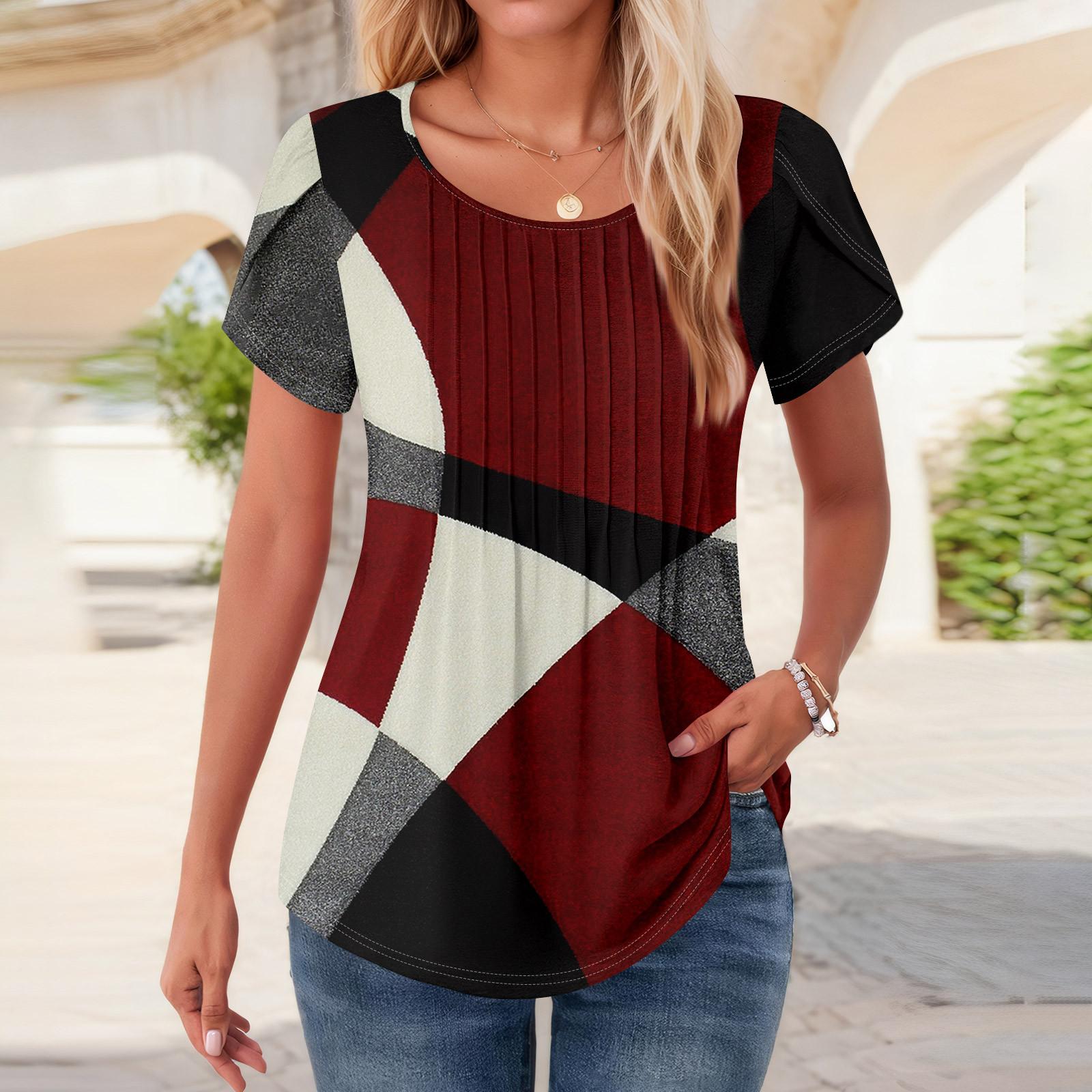 

Женские топы с коротким рукавом и круглым вырезом, летние рубашки с цветочным принтом, блузки для женщин, нарядные повседневные XL винный