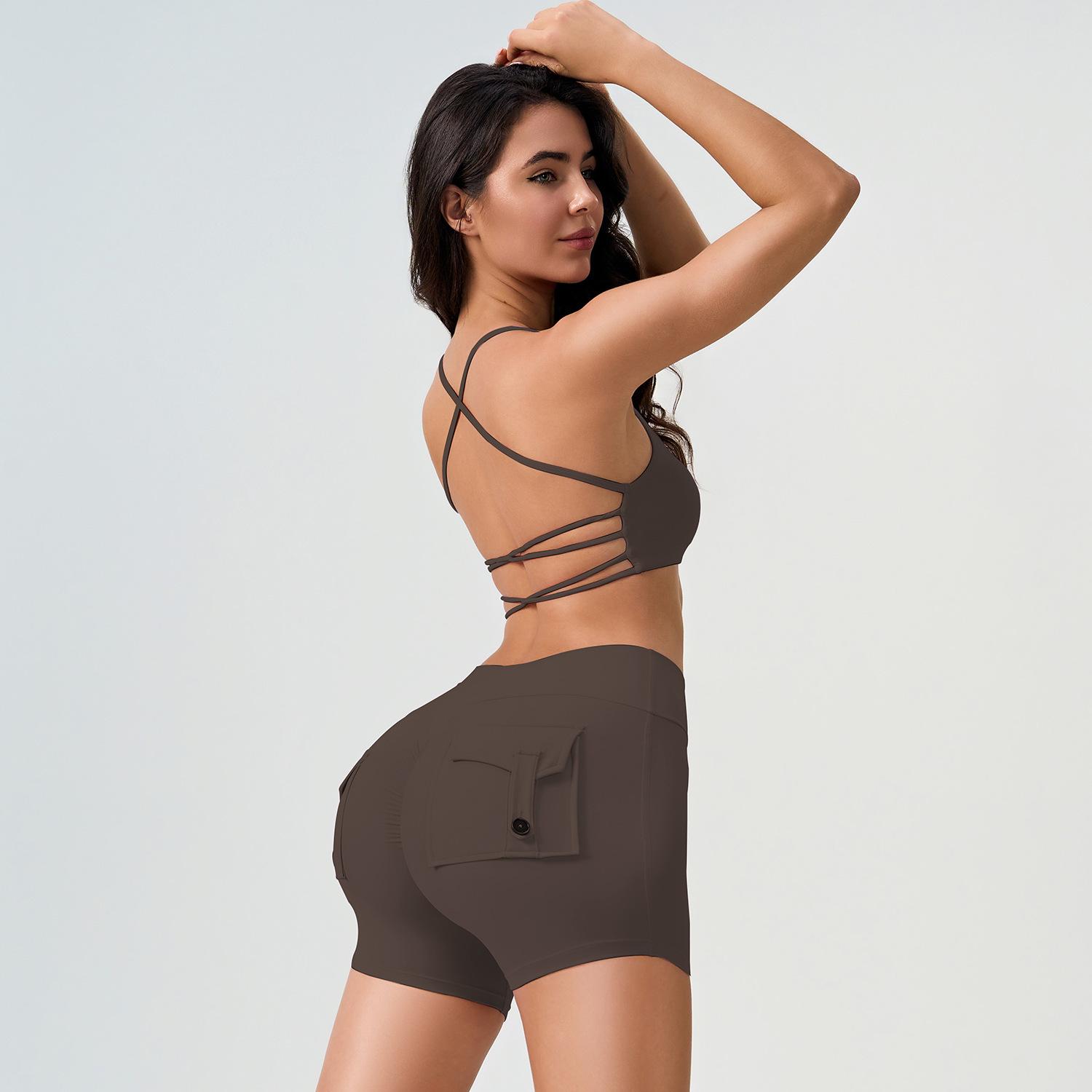 

Жіночий спортивний комплект Jiuyi середньої та високої інтенсивності, захищений від ударів – шорти для йоги та фітнес-топ L коричневий