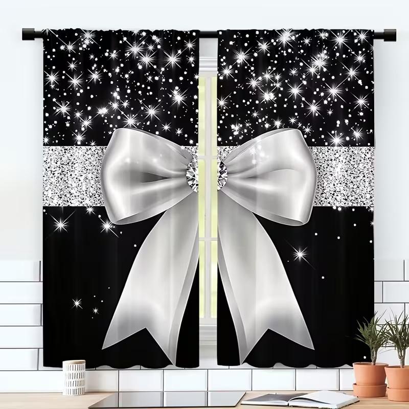 

Crystal Silver Bow Print Curtains Suitable Bedroom Living Room Kitchen Decoration Home Window Curtain Set Of 2 Made Polyester Washable Great Ready W100*H70(CM)-Rod Pocket&1PCS