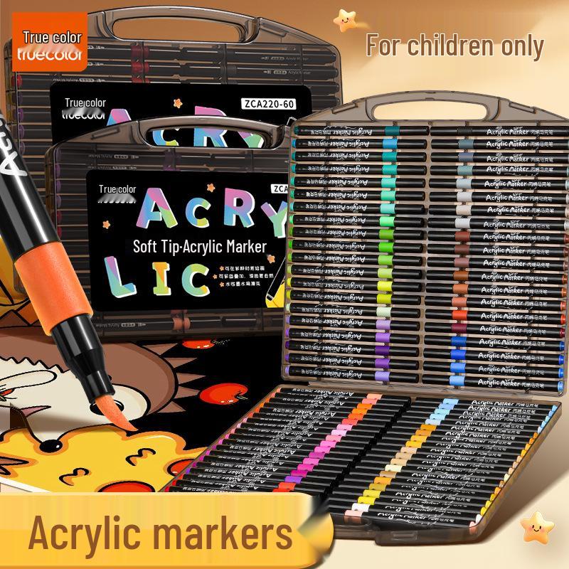 Pack de 80 Rotuladores Acrílicos de Punta Suave Color Verdadero - Caja Negra, No Manchan y Apilables para Arte Estudiantil