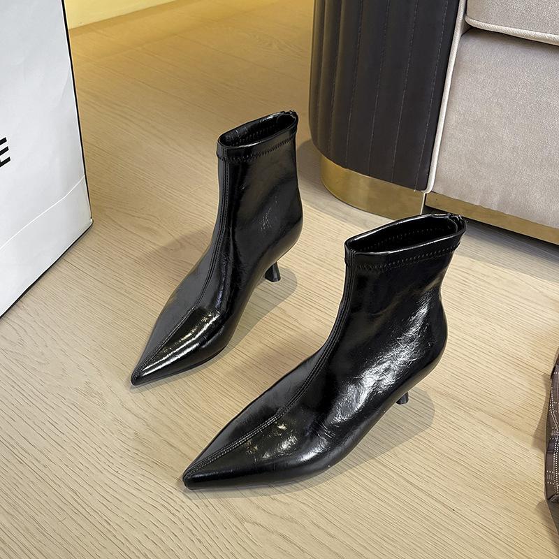 Drunk senior thin heel pointed short boots women's rear zipper high heel thin boots show thin temperament versatile short tube