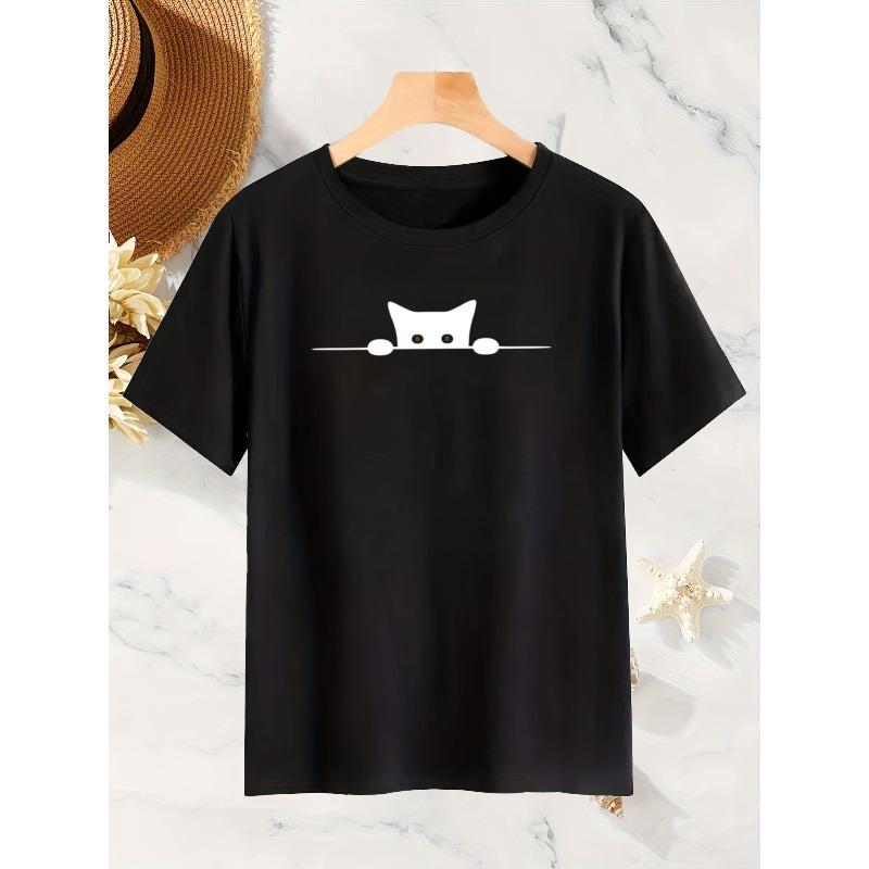 Women Black Cat T-Shirt Crew Neck Short Sleeve Loose Fit All-Season Casual Weekend Cat Lover Machine-Washable Top