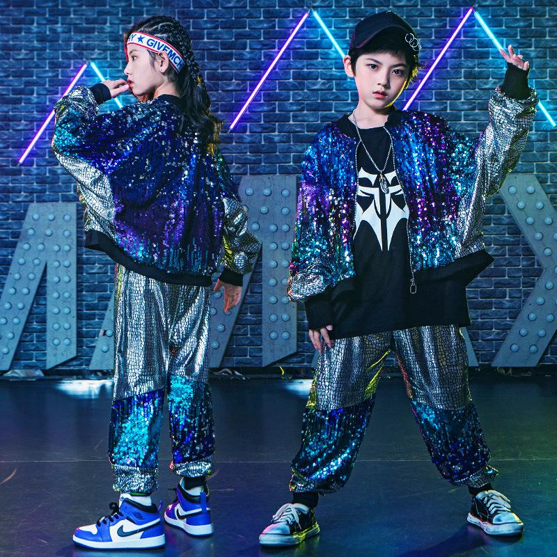 Children's New Year's Performance Costume Set: Silver Sequin Hip-Hop Street Dance Outfits for Boys & Girls