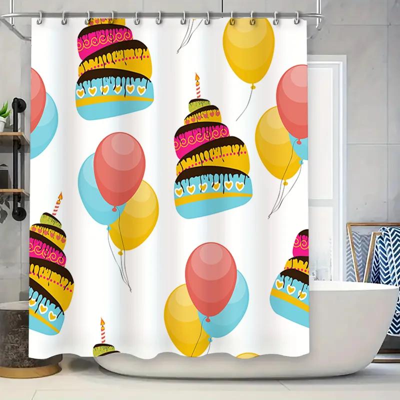 

Colorful Party Decorations Shower Curtain With Cake Balloons Pattern Home Bathroom Waterproof Rainproof Removable Decoration Whi W60H190(CM)-1 Pcs
