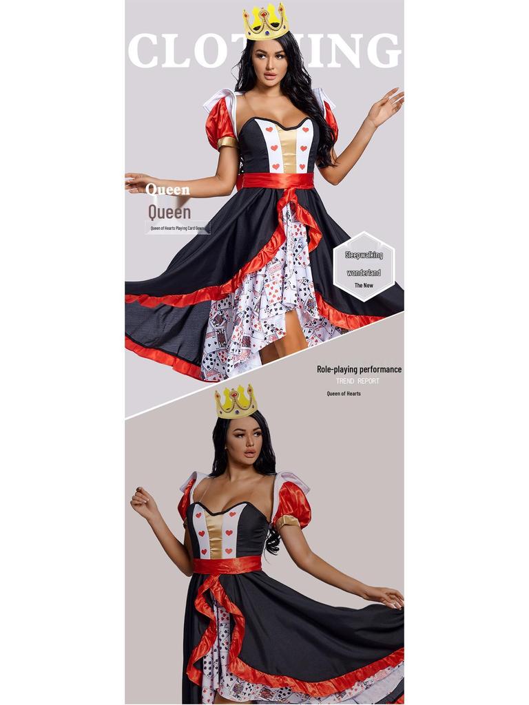 Red Queen Playing Card Costume with Cape and Full Skirt for Halloween and Stage Performance