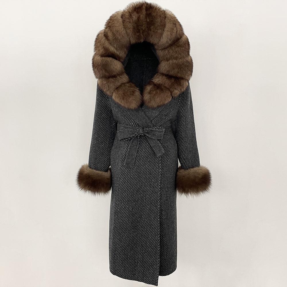 OFTBUY Winter Women Coat Real Natural Fox Fur Hooded Detachable Collar Double-faced Woolen Jacket Long Casual Elegant Overwears