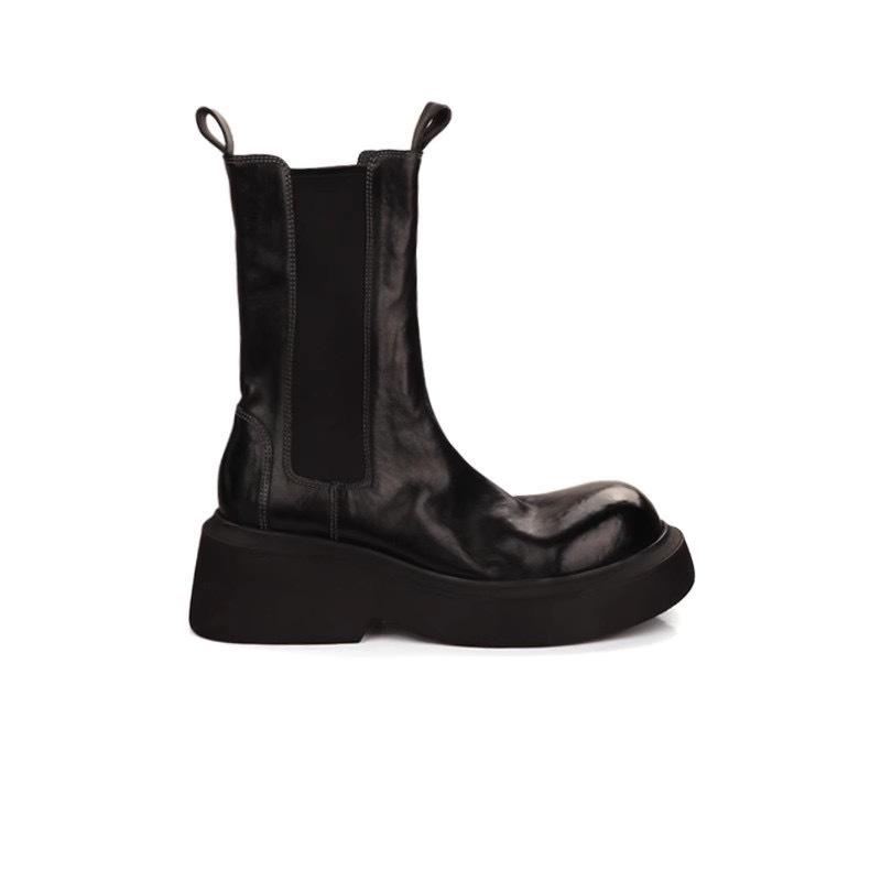 Washed cowhide grape mother same elastic band platform short boots thick heel medium boots Chelsea boots women's Martin boots