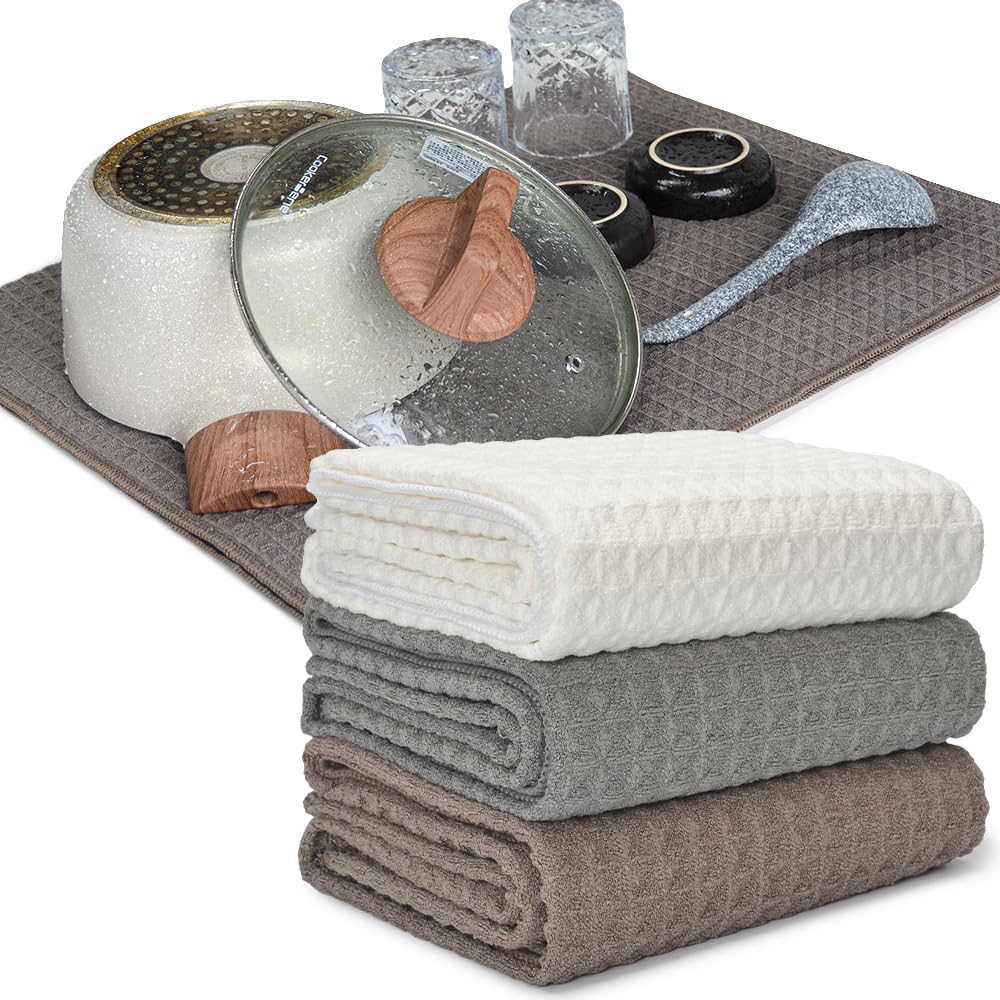 

KYOSAMA Draining Towel, Tea Towel, Large, 80*50cm, Absorbent, Quick-Drying, for Dishware, Plates, and Pots (1 Gray, 1 Coffee, 1 White)