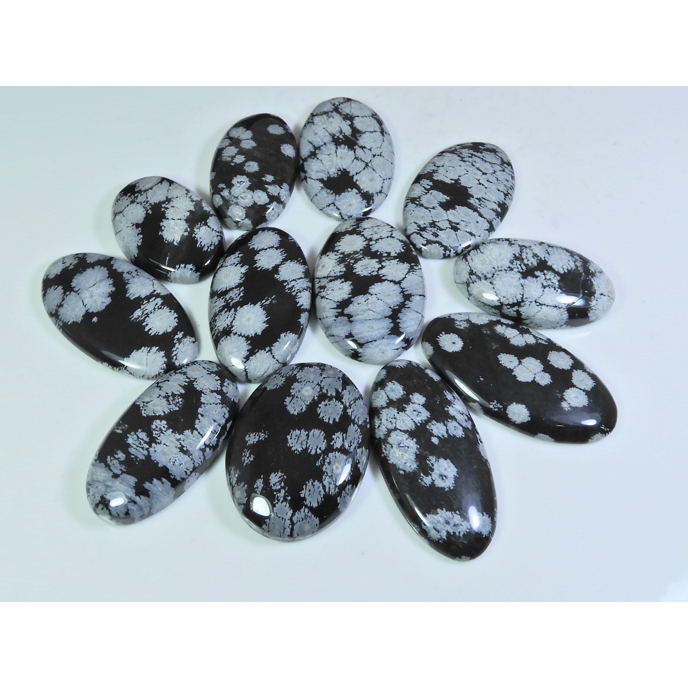 

12Pcs Natural Snowflake Obsidian Oval Cabochon Loose Gemstone Lot 320Cts. A-747
