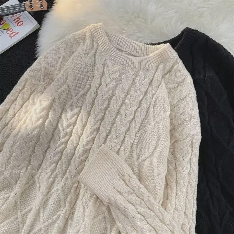 Men's White Cable Knit Sweater, Thick Loose Fit, Round Neck, Autumn/Winter, American Fashion Brand