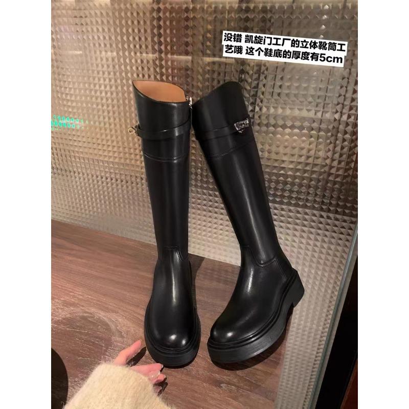 

Cowhide Round Head Color Matching Lock Thick Heel High Boots Thick-soled Knight Boots Women s Leather Boots 35