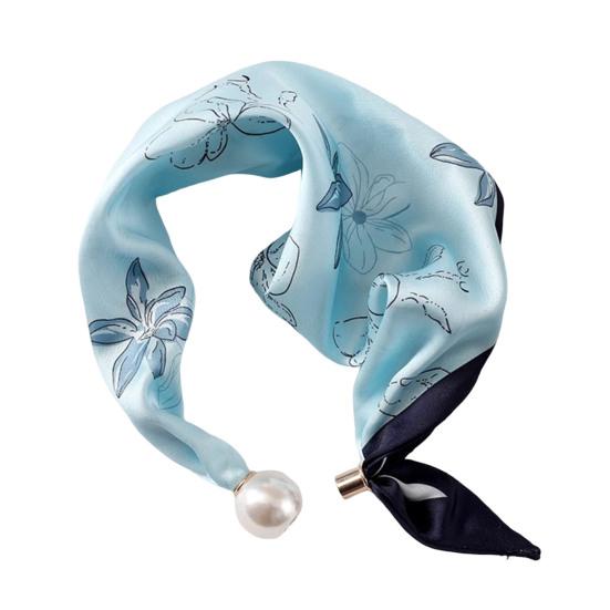 Women Silk Scarf Striped Leopard Dot Print Silk Scarf Necklace with Faux Pearl Magnetic Buttons Formal Wear Accessories