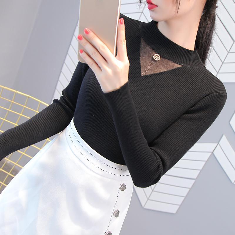 Autumn/winter Women's Knitted Bottoming Shirt Half Turtleneck Mesh Cutout Sweater Slim Knit Sweater Pullover Jumper Top