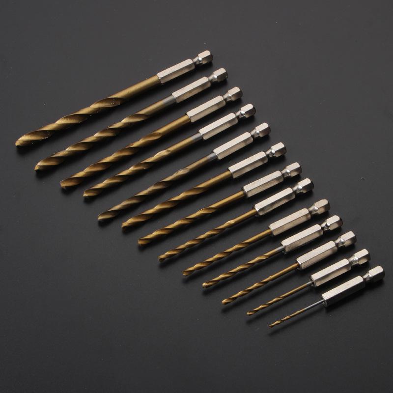 Titanium-Plated Hex Shank Drill Bit Set (13-Piece) for Electric or Pneumatic Screwdrivers, 6.35mm Shank