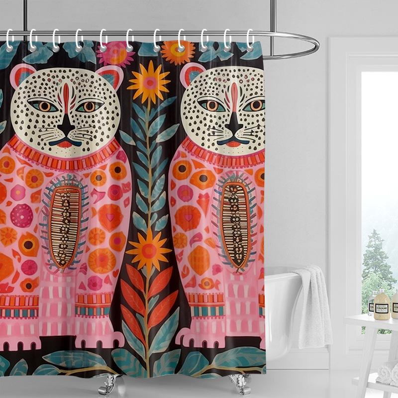 Cartoon Bienen Duschvorhang, Schwarz & Orange Streifen mit Rosa Floralem Hintergrund, Wasserdichte Badezimmerdeko für Kinder & Moderne Wohnungen