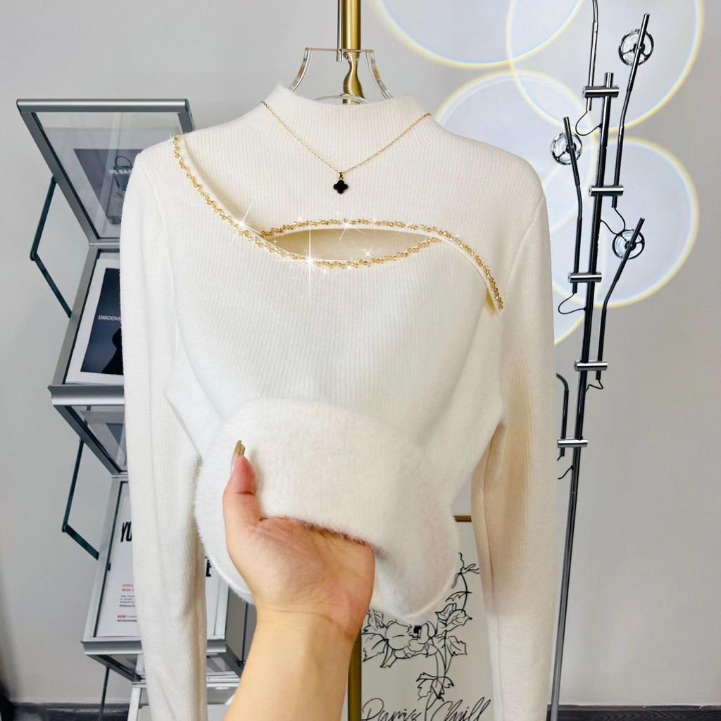 One Piece Sweater High Neck Autumn and Winter Hollow Knitting Base Design Thickened Top for Women