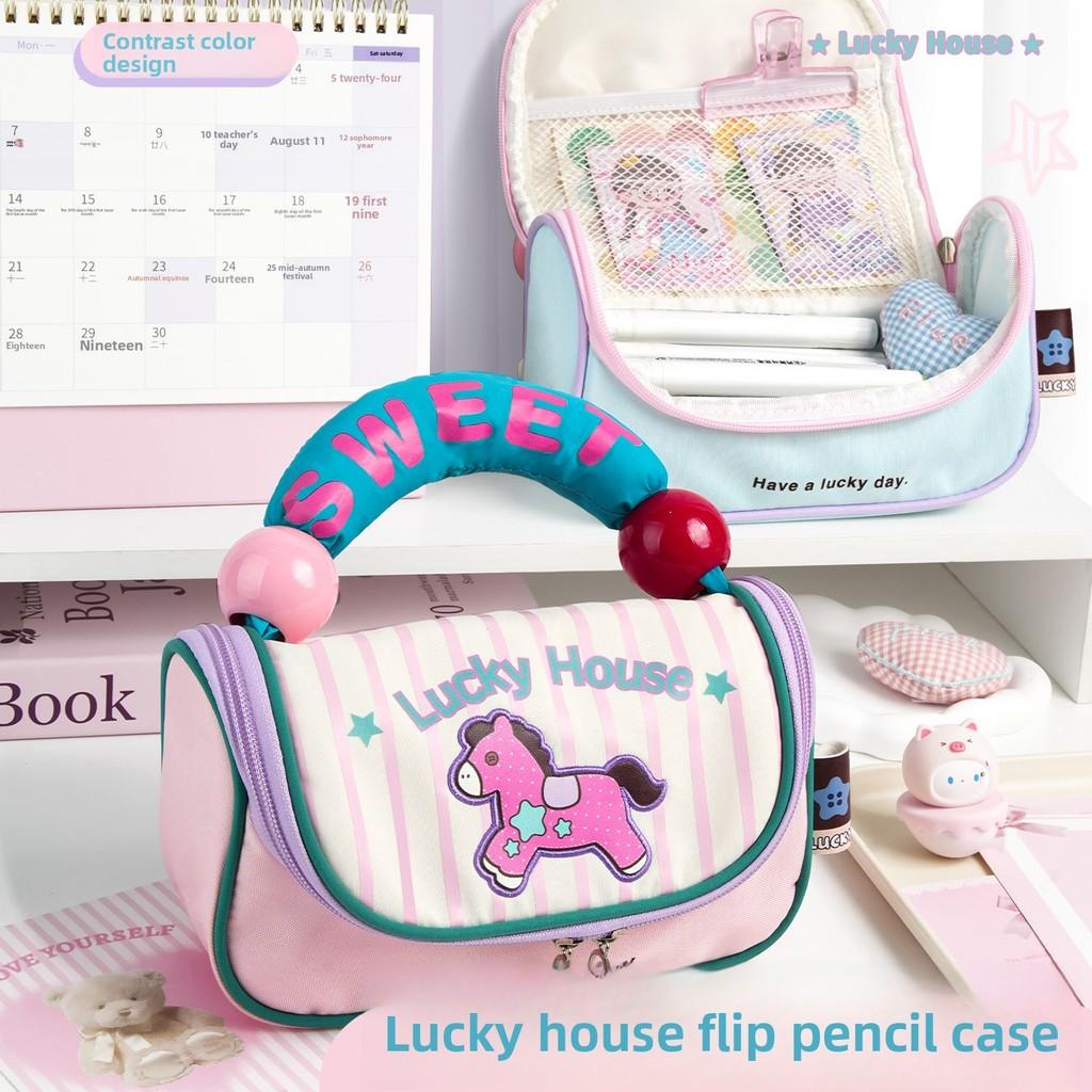 Kids Pony Pencil Case With Multiple Compartments Oxford Fabric For School Supplies