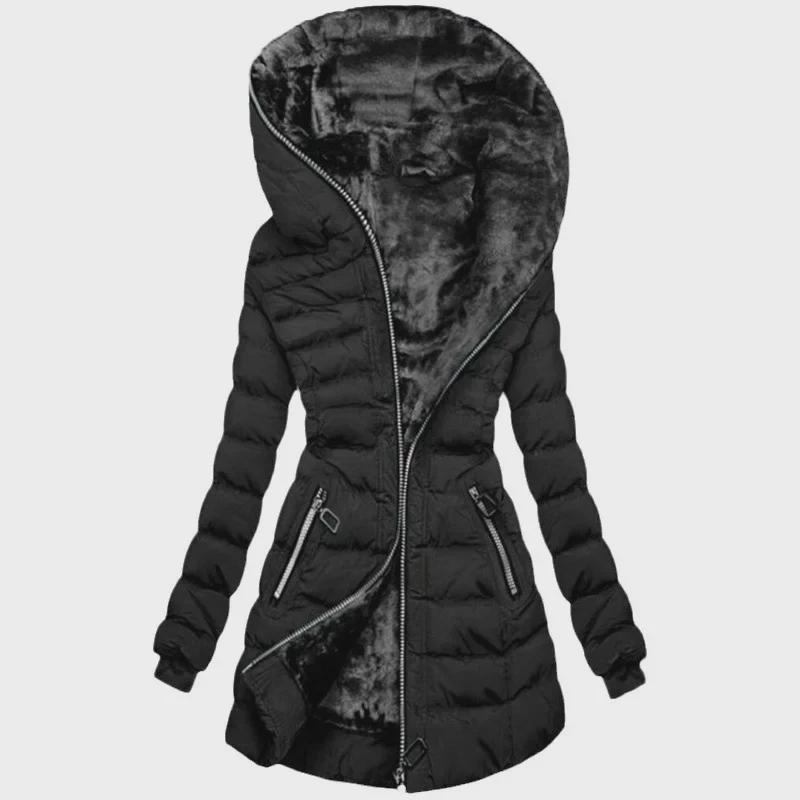 2024 Women's Winter Hooded Black Cotton Coat with Plus Velvet Lining, Medium Long
