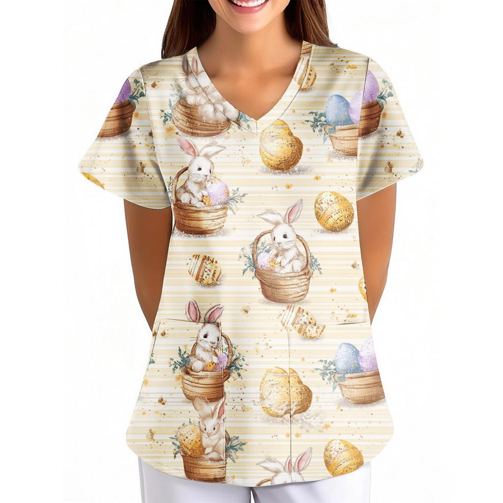 Dámské velikonoční potisk volný V-výstřih kapsa krátký rukáv Ošetřovatel/ Uniforma