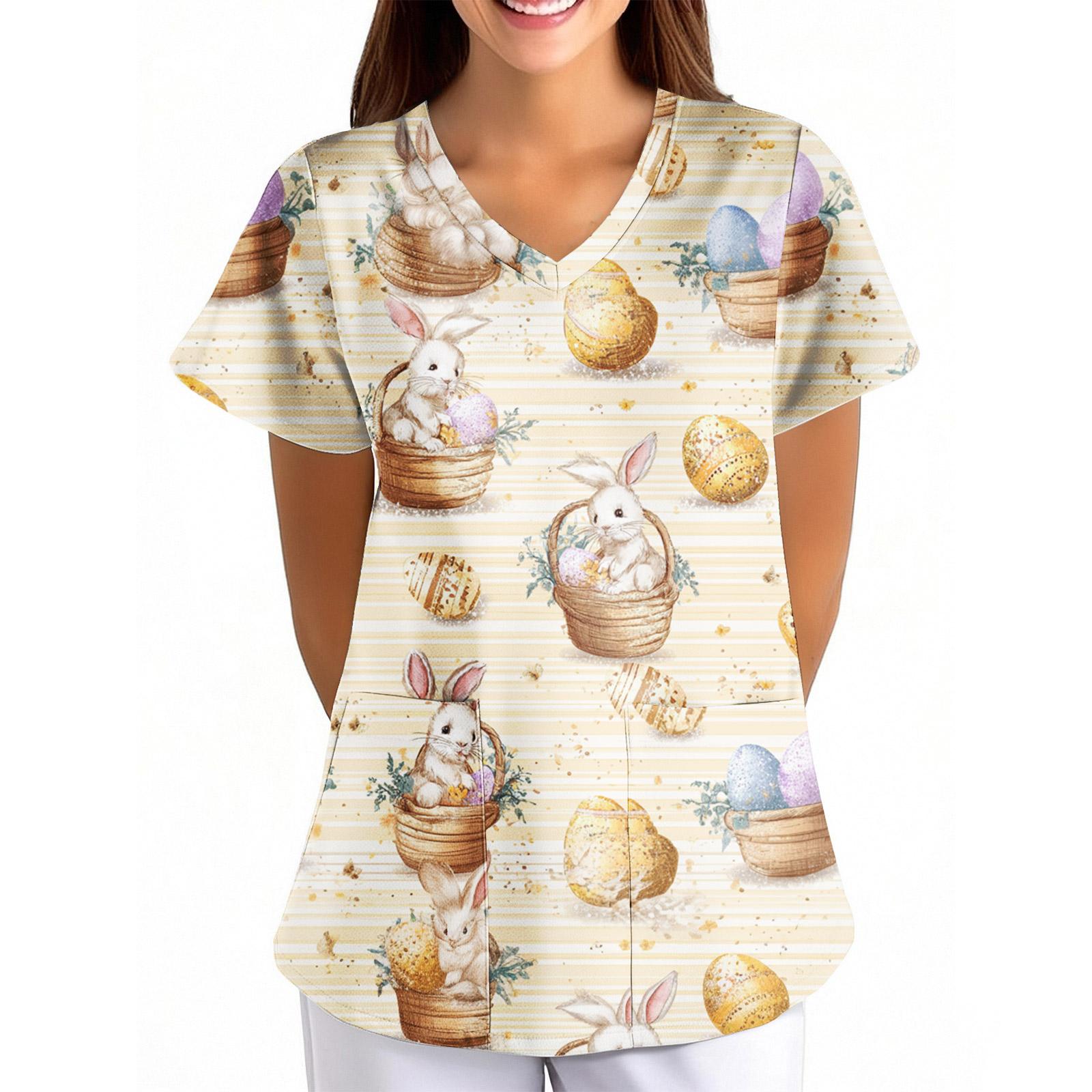 

Women s Easter Print Loose V-Neck Pocket Short-Sleeve Caregiver/ Uniform S білий
